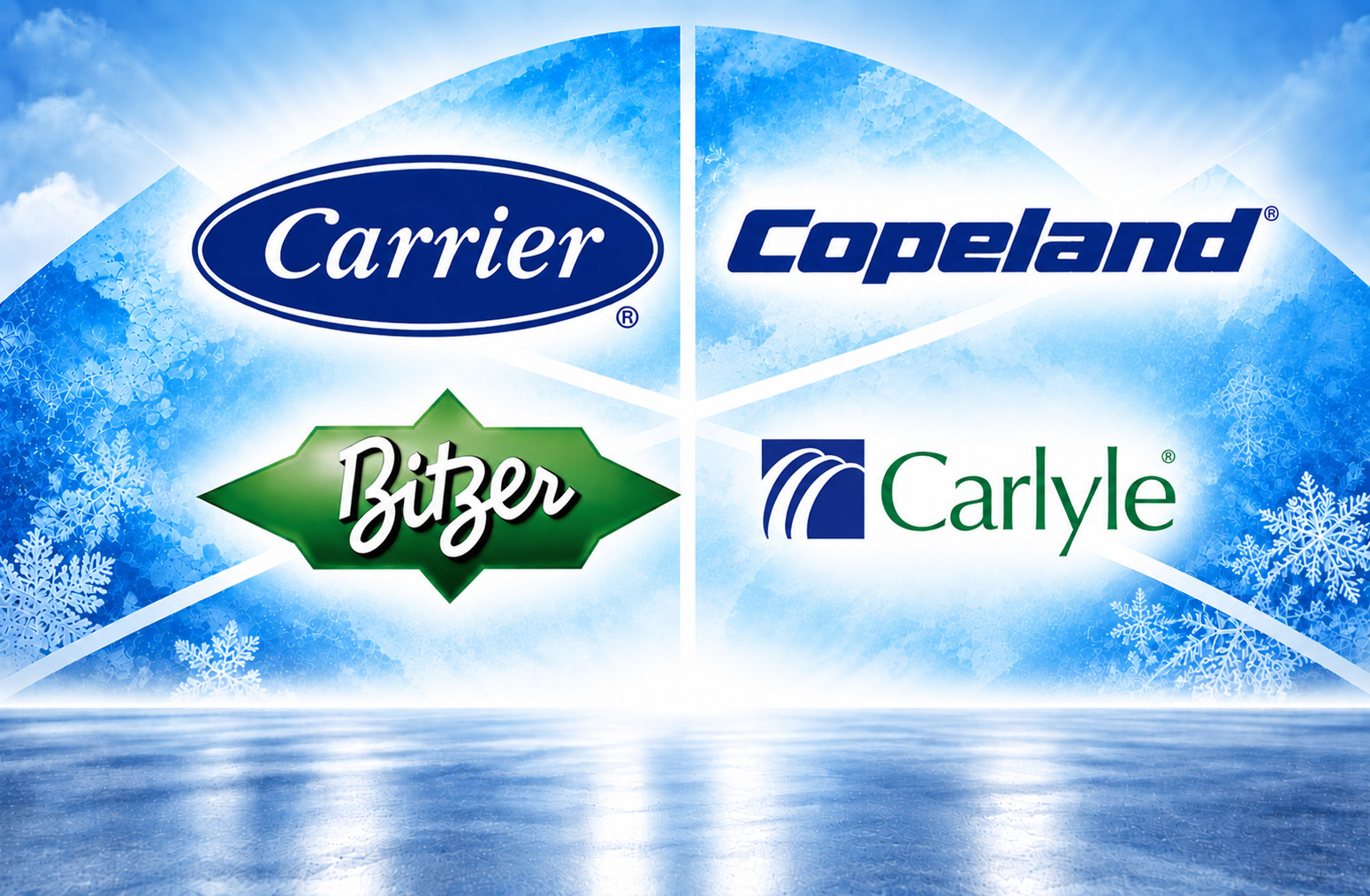 Compressor with Carrier, Carlyle, Copeland and Bitzer logos