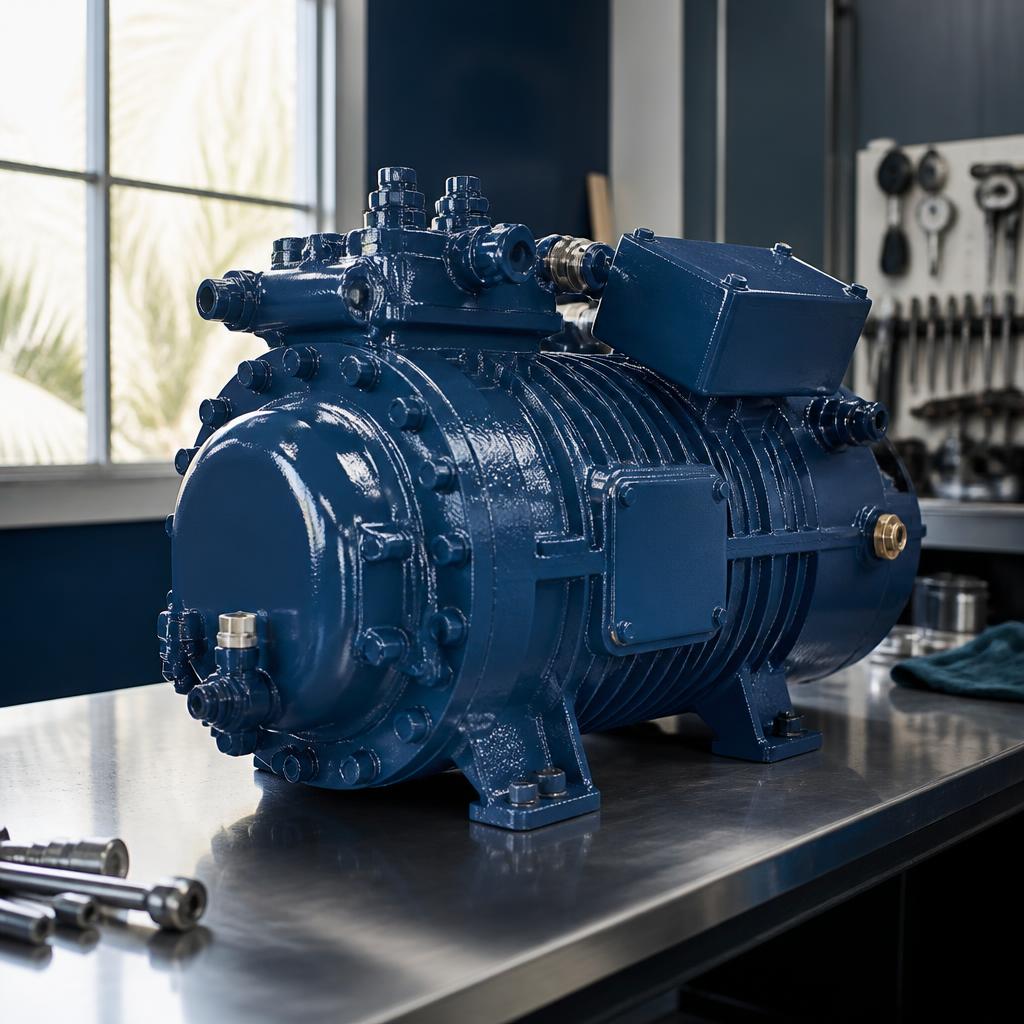 Large blue semi-hermetic compressor in a professional workshop